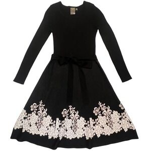 Taylor Black White Floral Feminine Parisian Chic Belted Knit Midi Sweater Dress